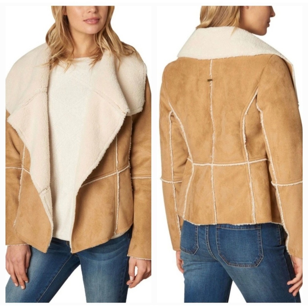 Prana Womens Camel Townie Jacket Faux Suede Sherpa Lined Boho Open Draped Large